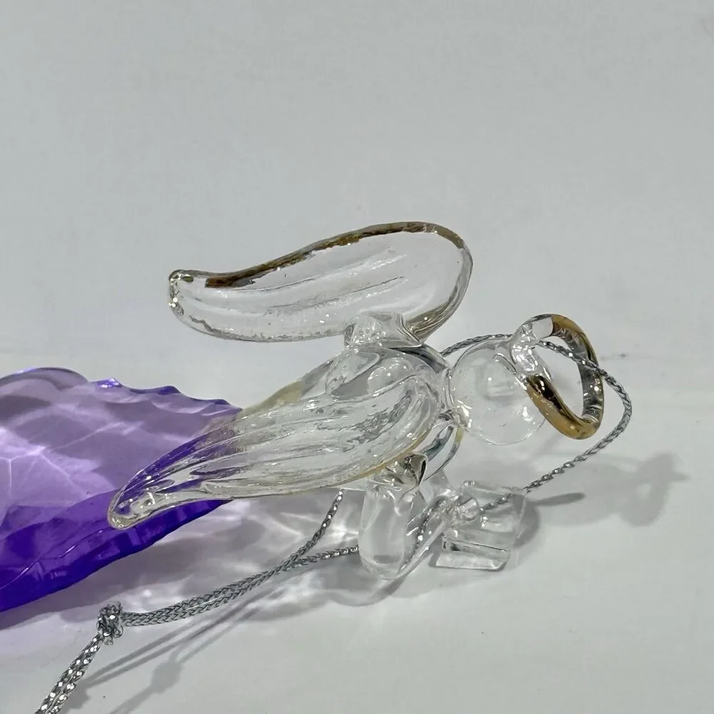 Glass Angel Ornament Purple Crystal Gold Trim Open Book Figurine Boxed